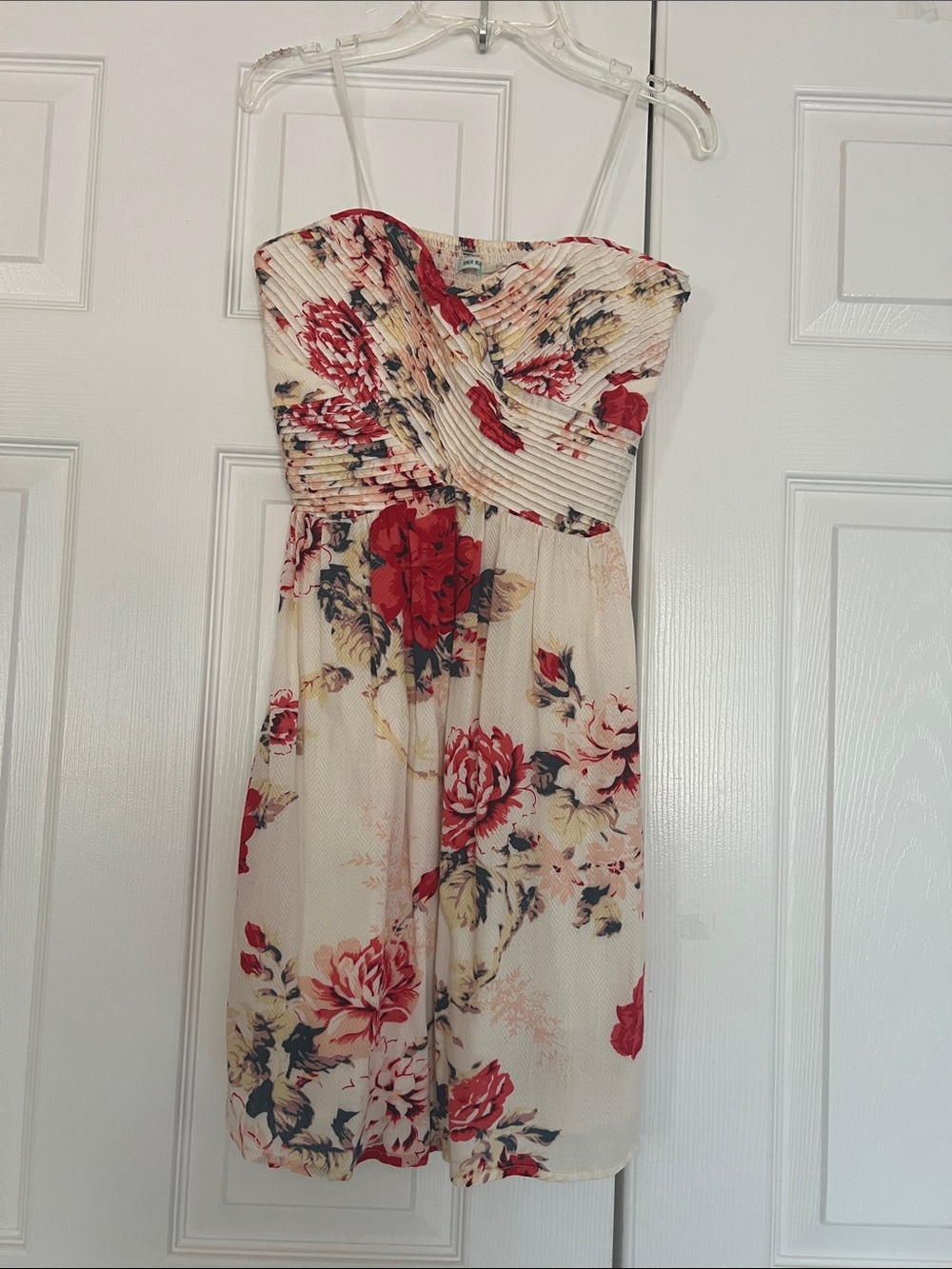 Urban Outfitters Kimchi Blue Strapless Cream Mini Dress with Red Floral Pattern
